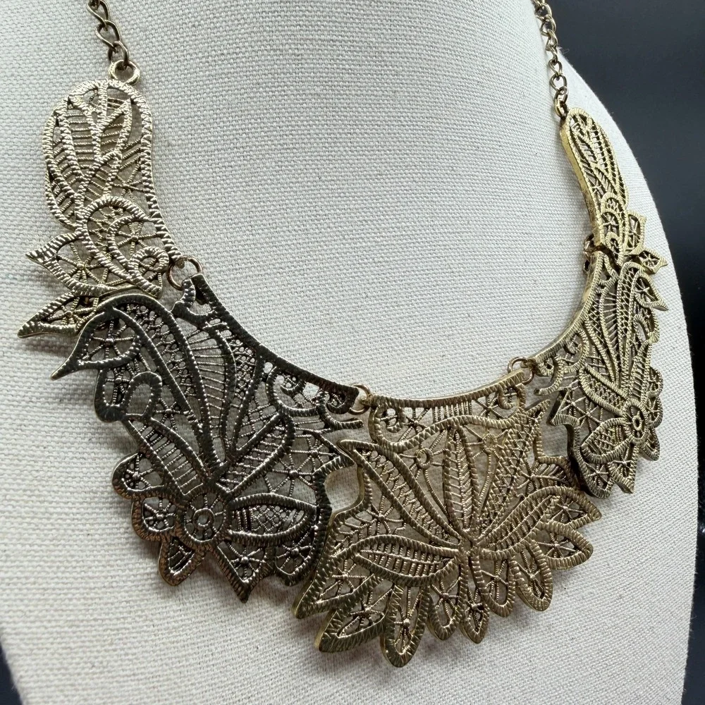 Antique Gold Tone Filigree Floral Bib Necklace Boho Statement Festival Jewelry
